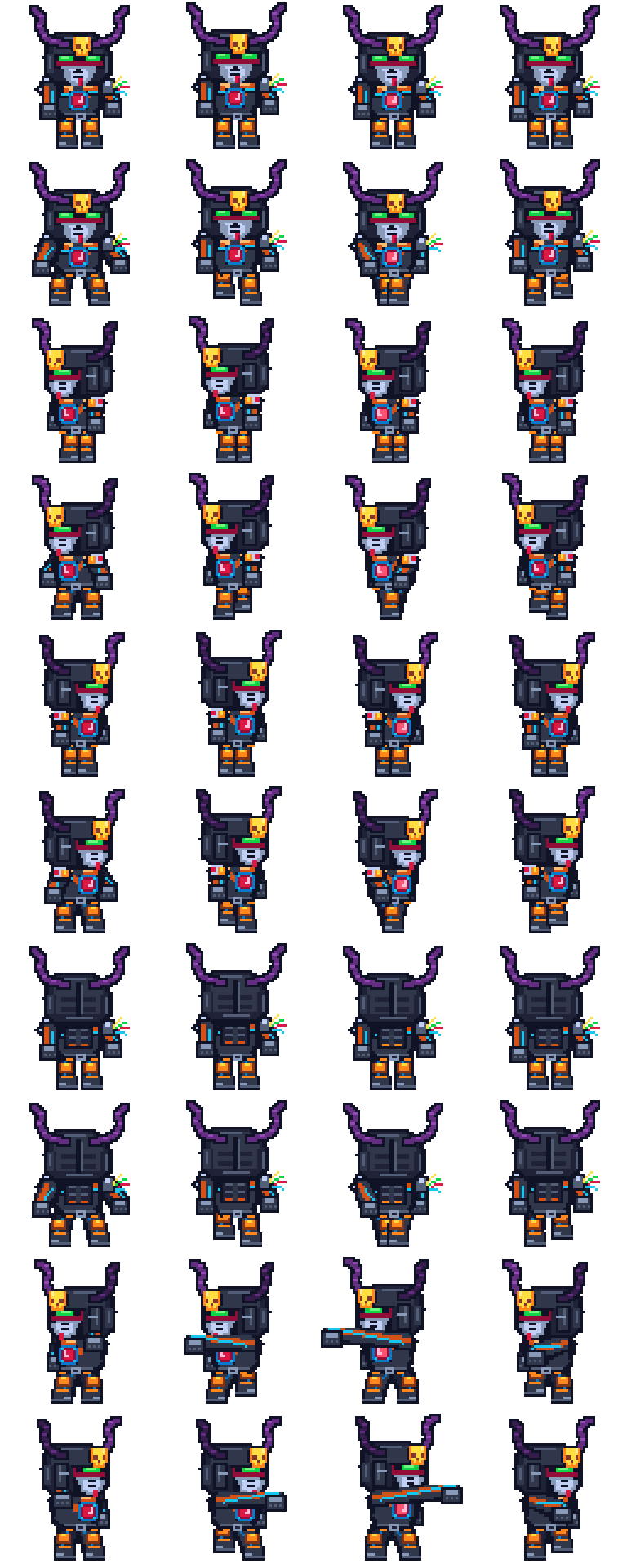 Taiyu sprite sheet: idle, walk and punch animations in four directions, four frames each